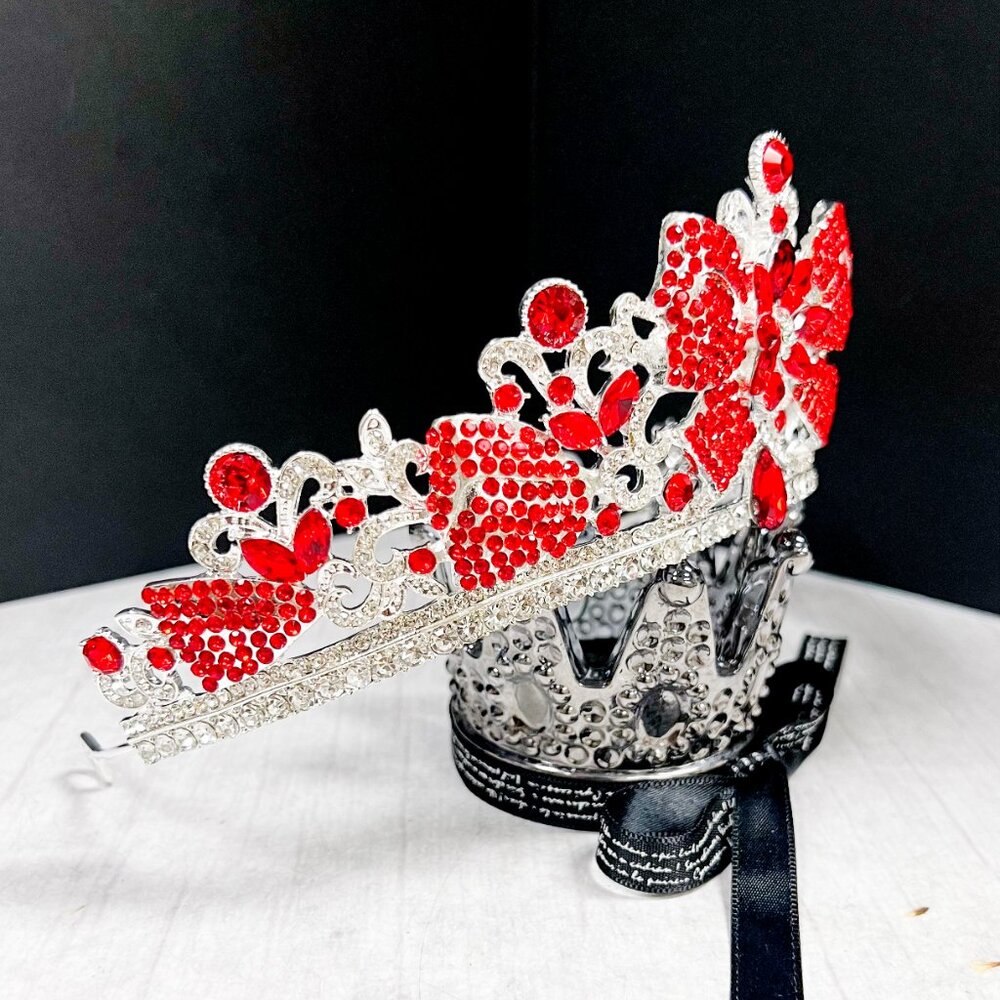 Vintage silver Crown, Red bow tiara, Classic wedding Crown, Crystal Crown Tiara - Picture 4 of 10